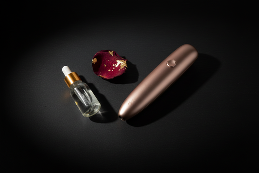 Dark luxury flat lay of intimate wellness products on a black surface — AMARE Edit