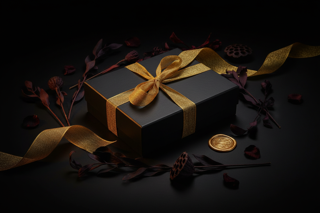 Discreet luxury black gift box with gold ribbon and botanicals — AMARE Edit