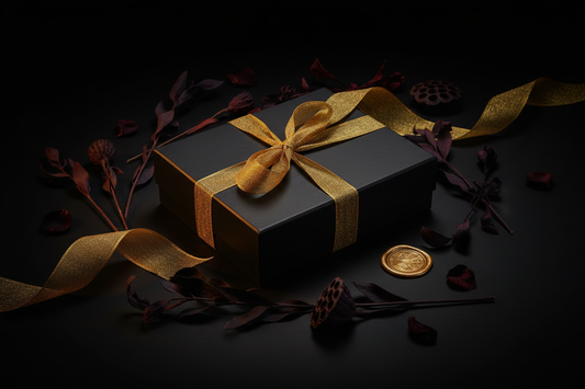 Discreet luxury black gift box with gold ribbon and botanicals — AMARE Edit