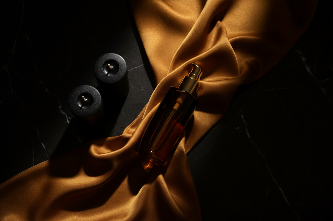 Dark luxury editorial flat lay with massage oil, silk and candles — AMARE Edit